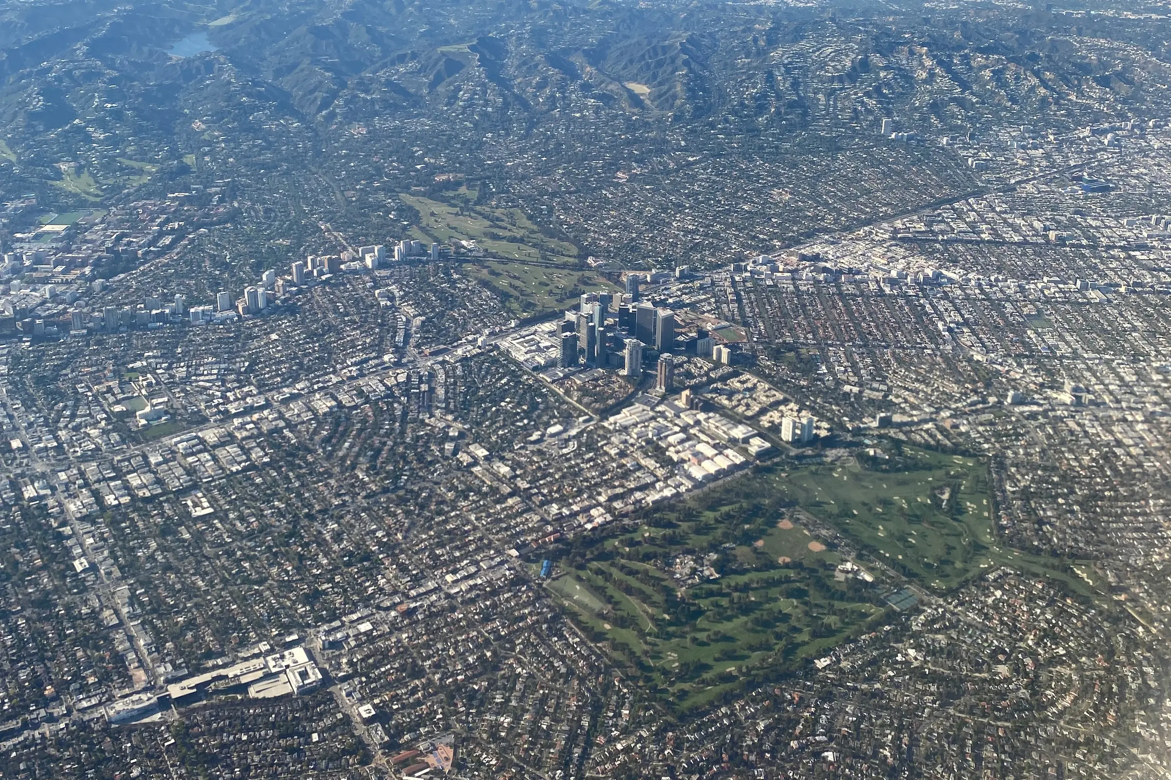 Century City, the Wilshire Corridor and the Santa Monica Mountains from a plane window