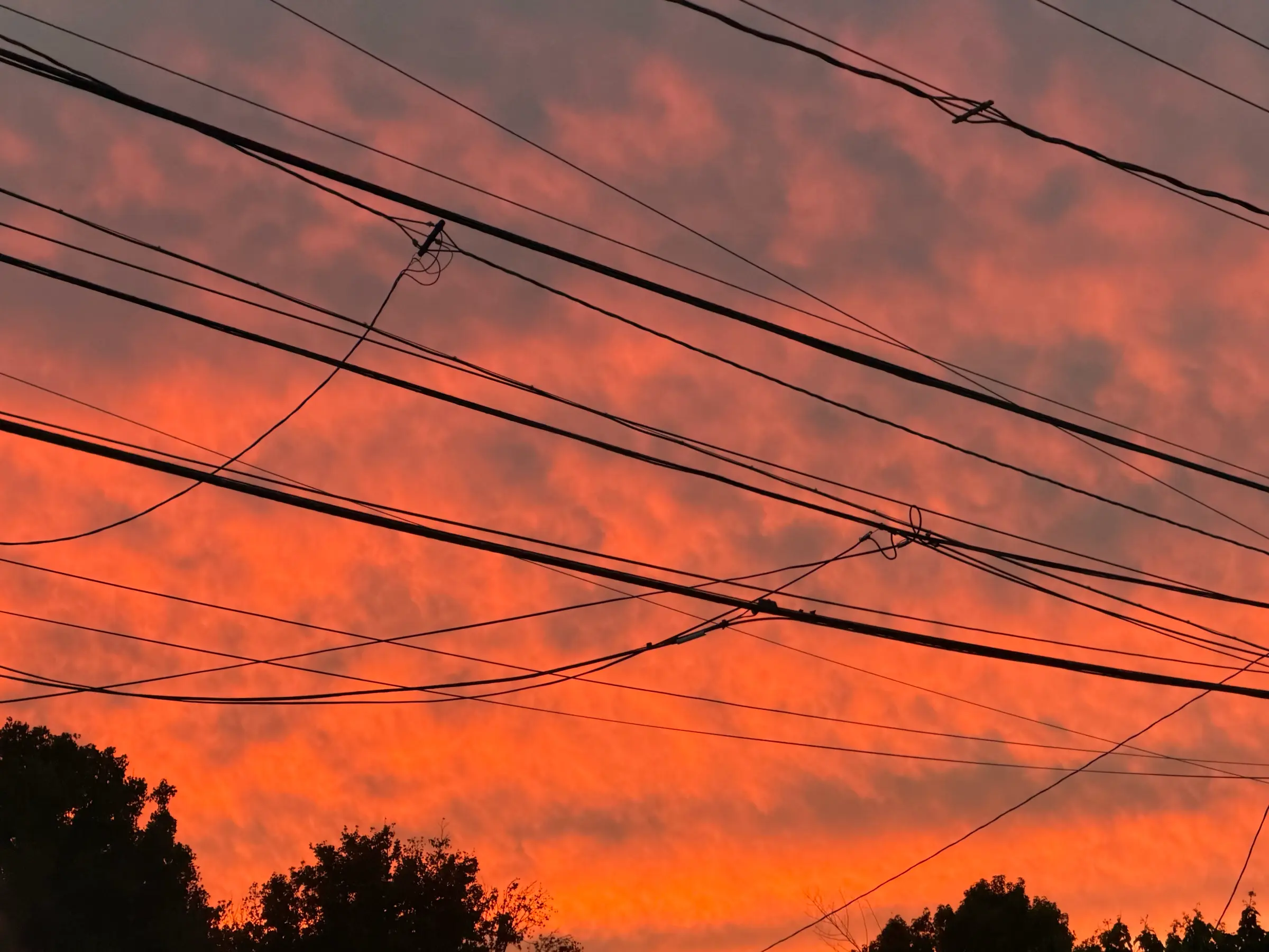 Power lines against an orange sunset sky